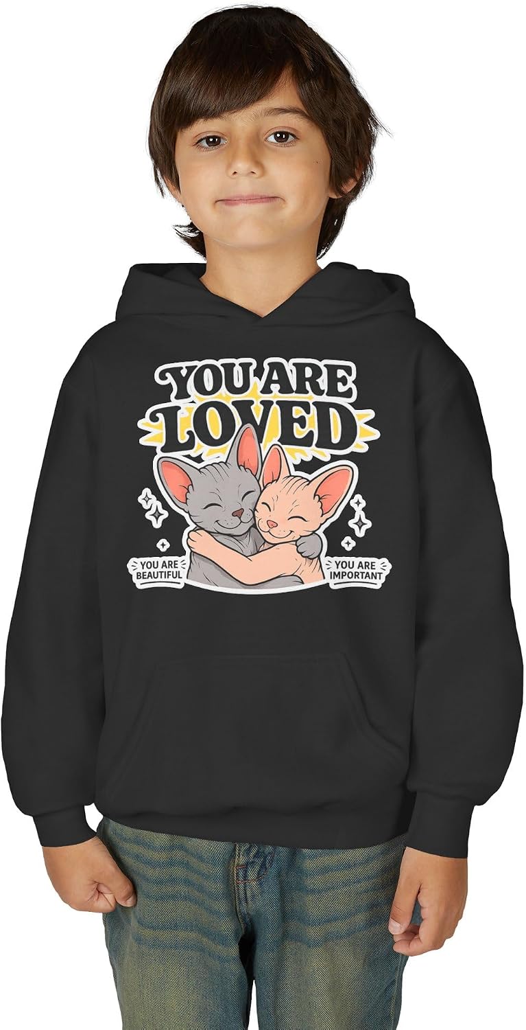 You Are Loved Youth Hoodie in Black, worn by kid | Color: Black