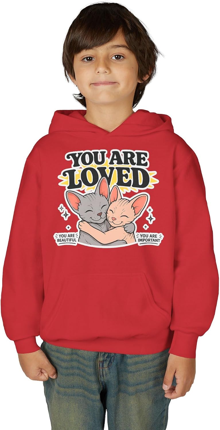 You Are Loved Youth Hoodie in Red, worn by kid | Color: Red