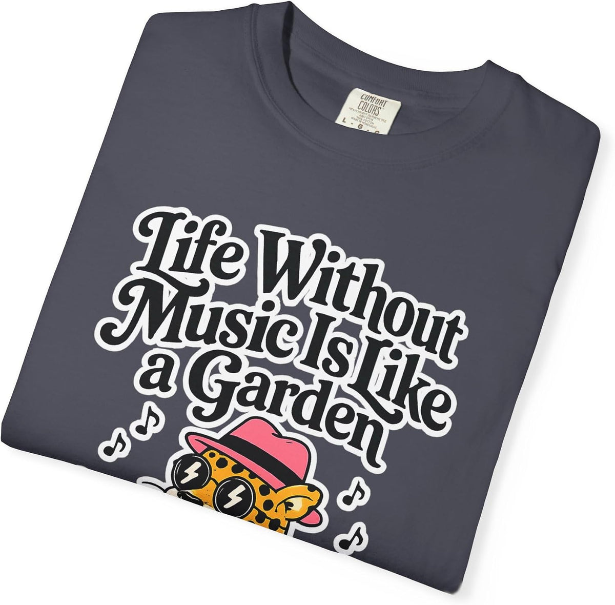 Life Without Music Is Like a Garden Without Flowers Tee in Graphite, folded print detail | Color: Graphite