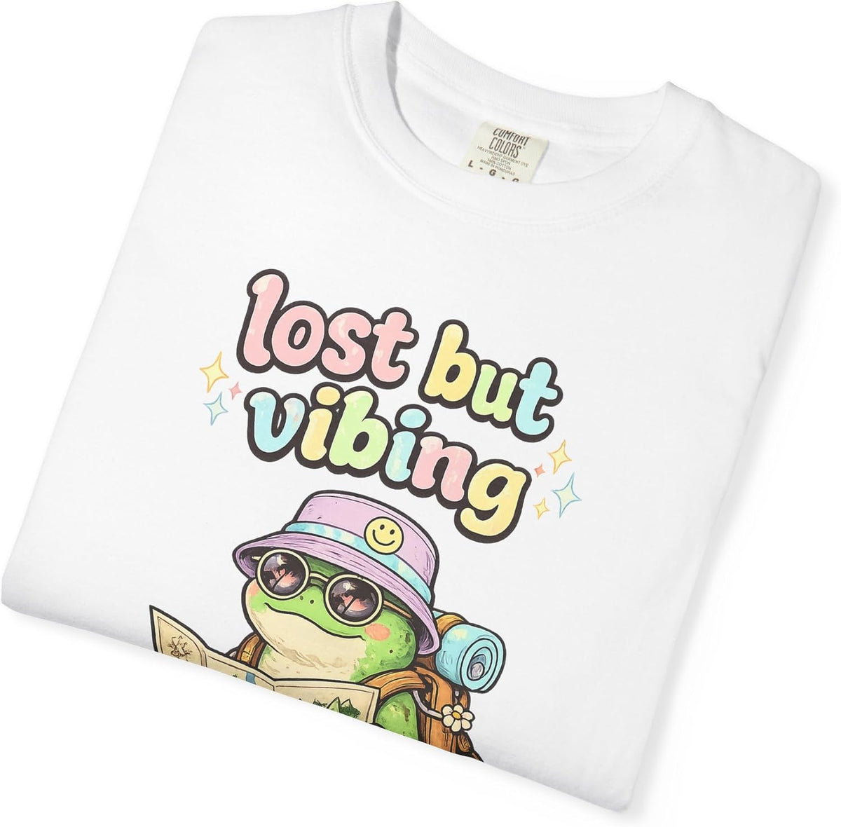 Lost But Vibing Tee in White, folded print detail | Color: White
