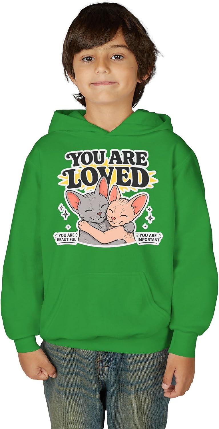 You Are Loved Youth Hoodie in Green, worn by kid | Color: Green