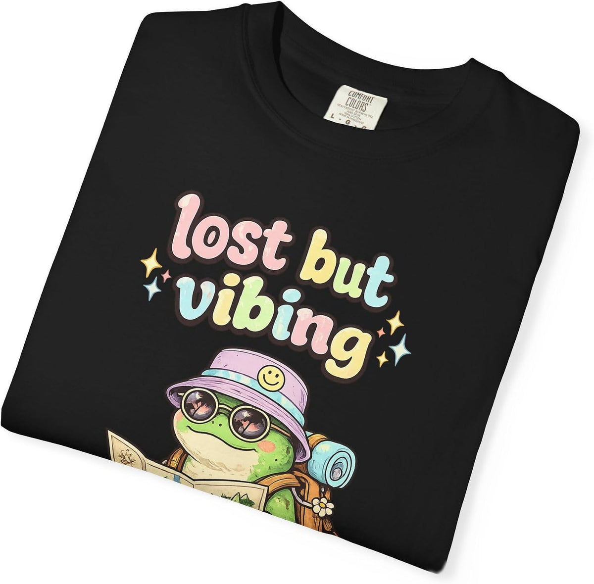 Lost But Vibing Tee in Black, folded print detail | Color: Black