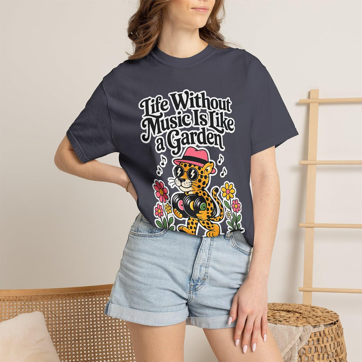 Life Without Music Is Like a Garden Without Flowers Tee in Graphite, worn by model | Color: Graphite