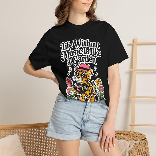Life Without Music Is Like a Garden Without Flowers Tee in Black, worn by model | Color: Black